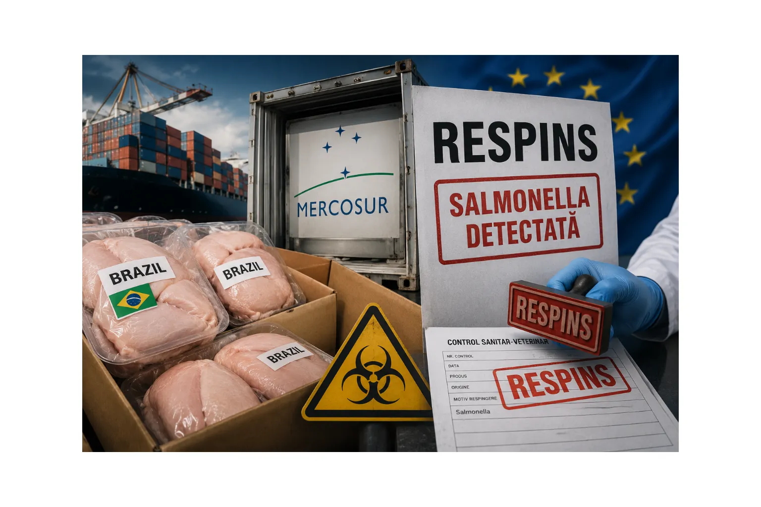 Primele importuri de carne de pasăre din Brazilia prin acordul Mercosur, respinse după depistarea Salmonella