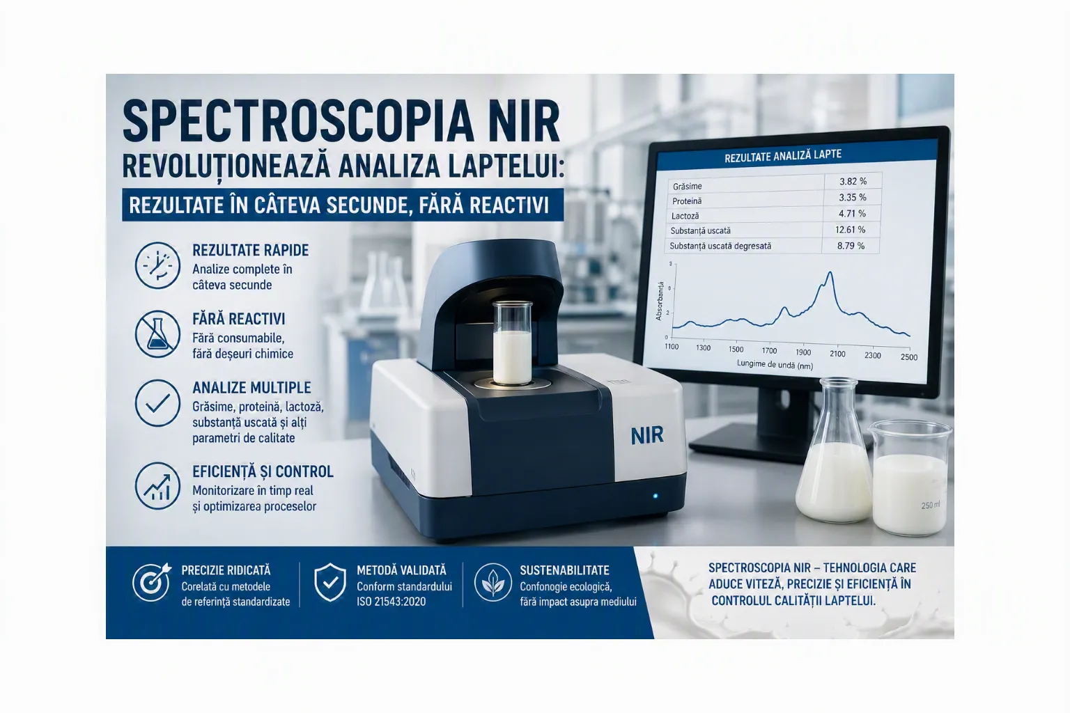 Spectroscopia NIR revoluționează analiza laptelui: rezultate în câteva secunde, fără reactivi
