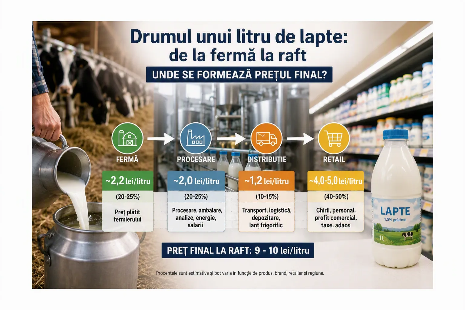 Cum ajunge laptele din fermă să coste de aproape patru ori mai mult pe raft. Unde se creează, de fapt, valoarea fiecărui litru