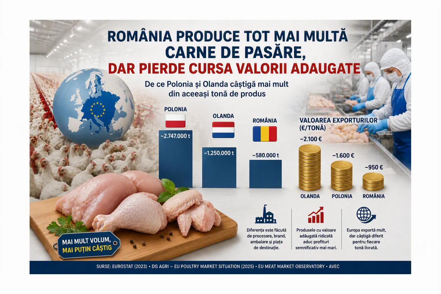 România produce tot mai multă carne de pasăre, dar pierde milioane de euro la export. Unde se face diferența?