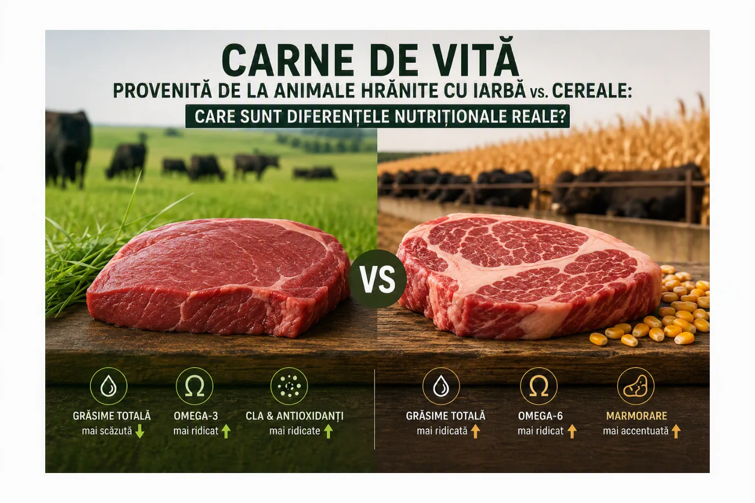 Carnea de vită provenită de la animale hrănite cu iarbă vs. cereale: care sunt diferențele nutriționale reale?