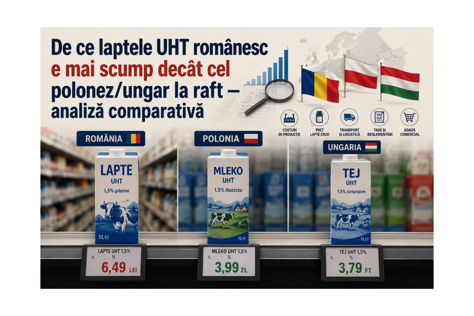 De ce laptele UHT românesc e mai scump decât cel polonez/ungar la raft — analiză comparativă