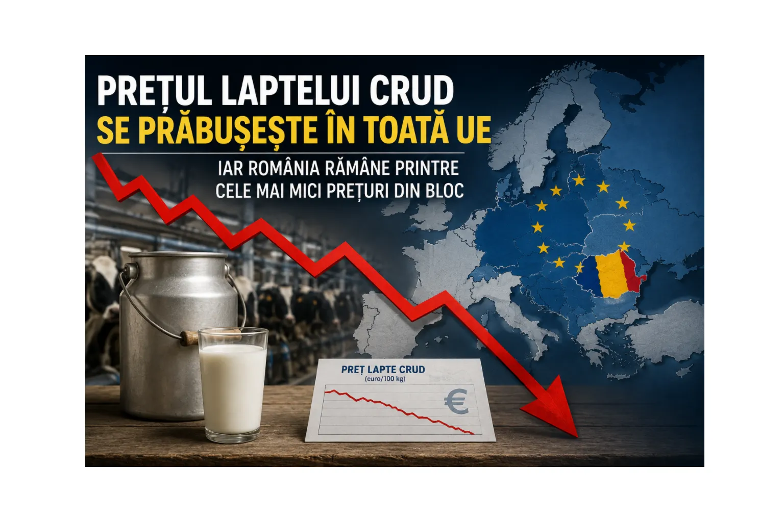 Prețul laptelui crud se prăbușește în toată UE — iar România rămâne printre cele mai mici prețuri din bloc