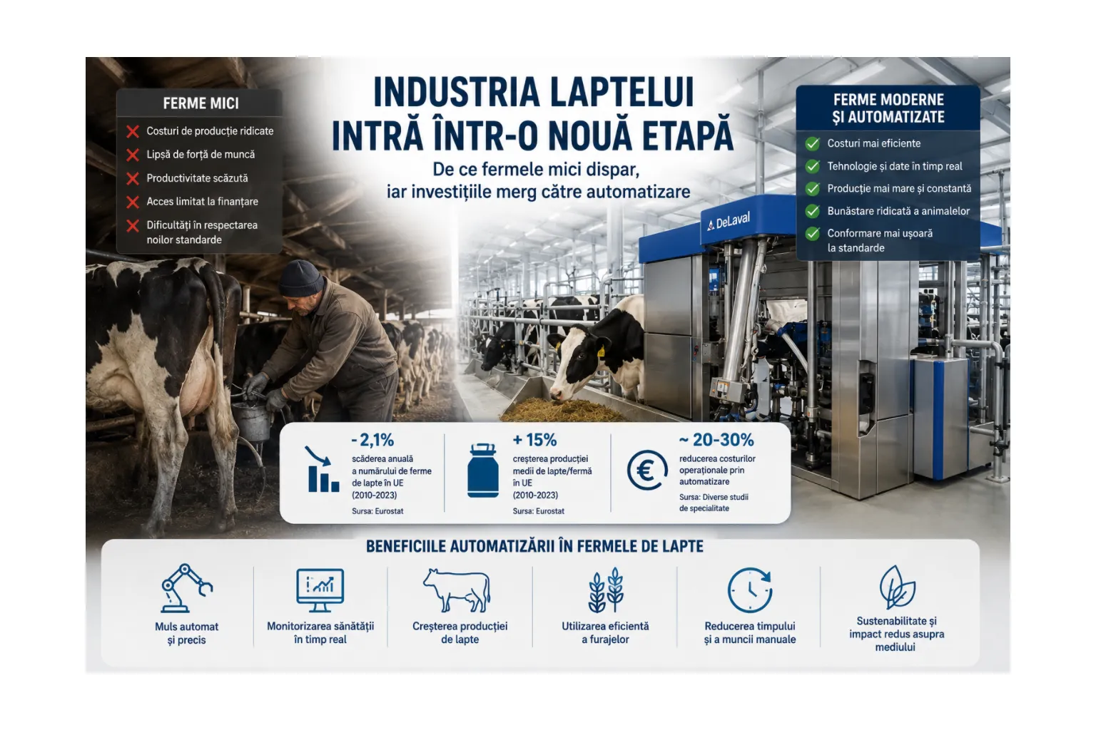 Industria laptelui intră într-o nouă etapă: de ce fermele mici dispar, iar investițiile se îndreaptă către automatizare