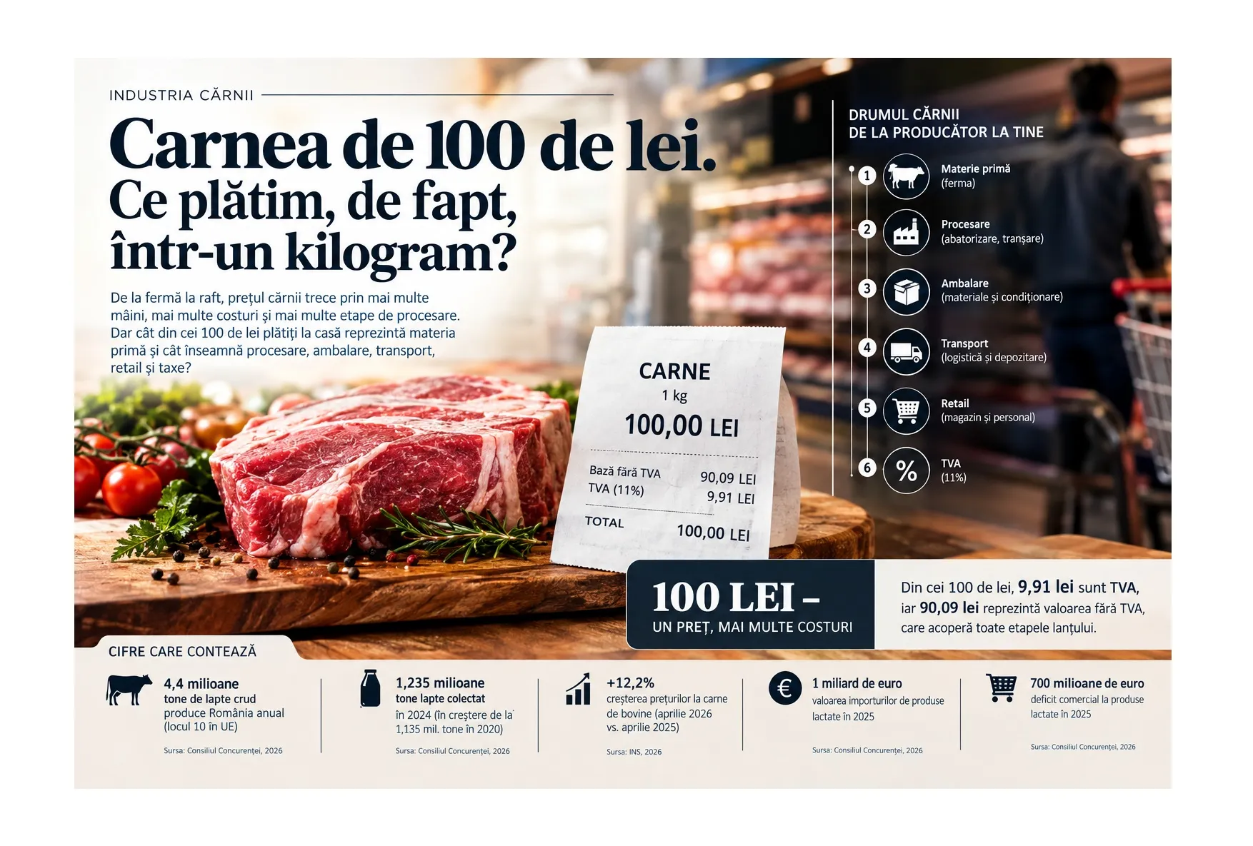 Carnea de 100 de lei. Ce plătim, de fapt, într-un kilogram?