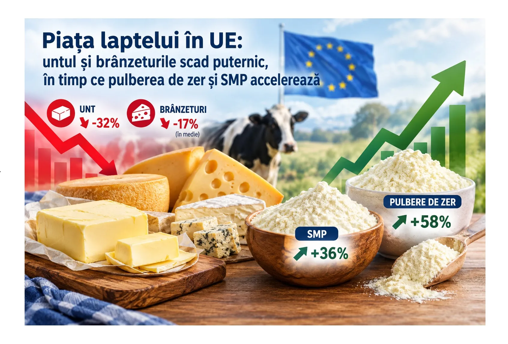 Piața laptelui în UE: untul și brânzeturile scad puternic, în timp ce pulberea de zer și SMP accelerează